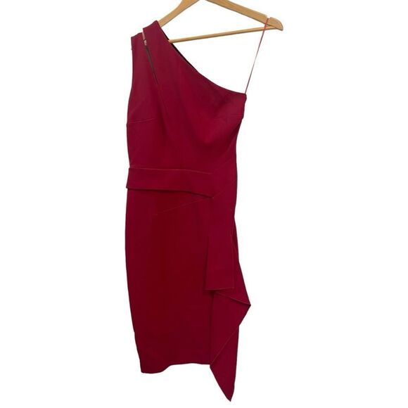 ROLAND MOURET Cutout One-Shoulder Asymmetric Drape Fitted Dress in Burgundy - Picture 3 of 11